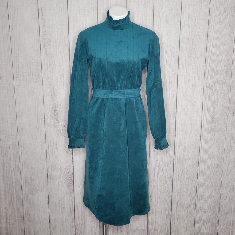 VTG 70s Gino Rossi for Wilson UltraSuede Teal High Neck Midi Dress, sz 10